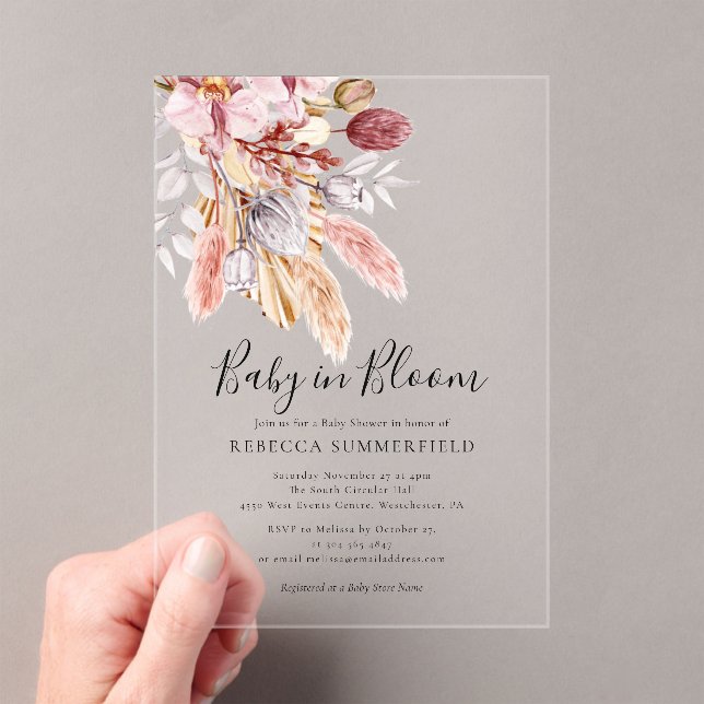 Invitaciones Acrílicas Bebé en la ducha de hierba de Bloom Boho Pampas (Insitu (portátil))