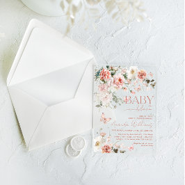 Invitaciones Acrílicas Bebé mariposa en Baby Shower floral rosa en flor
