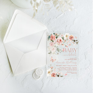 Invitaciones Acrílicas Bebé Mariposa en Flor Rosa Fiesta Floral para el B