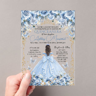 Invitaciones Acrílicas Bebé Real Azul Corona de Oro Quinceañera