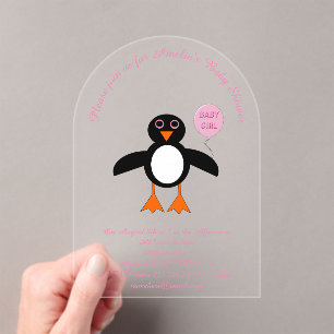 Invitaciones Acrílicas Bebé rosa lindo Personalizado pingüino Baby Shower