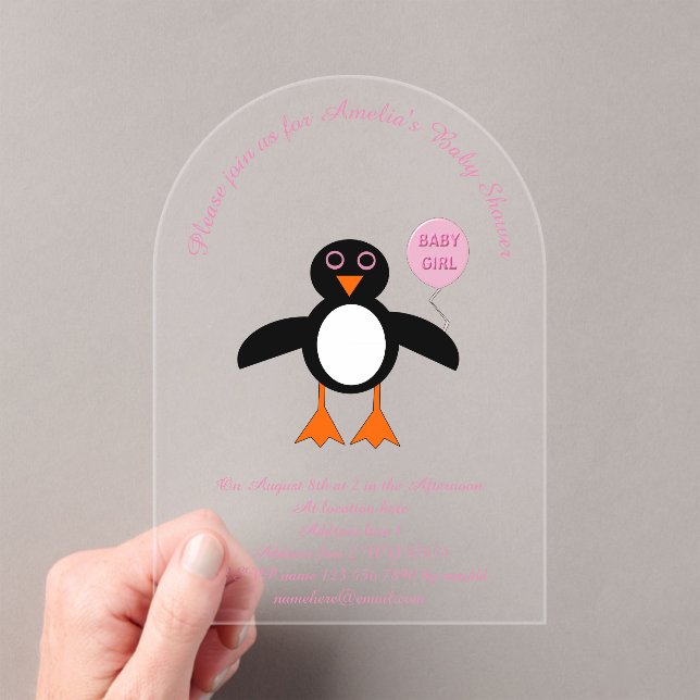 Invitaciones Acrílicas Bebé rosa lindo Personalizado pingüino Baby Shower (Insitu (portátil))