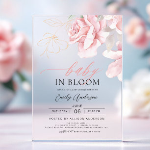 Invitaciones Acrílicas Bebé rosa Rubor en un Chica floral de ducha de flo