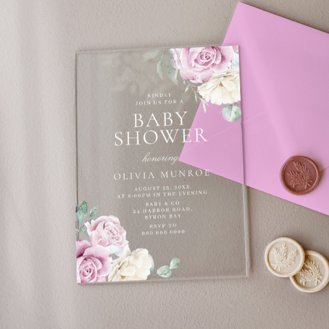 Invitaciones Acrílicas Bebé Rosa y Floral Blanca Baby Shower (Subido por el creador)