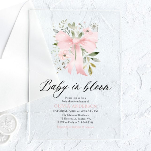 Invitaciones Acrílicas Bebé rosado en Baby Shower, Chica floral en flor (Subido por el creador)