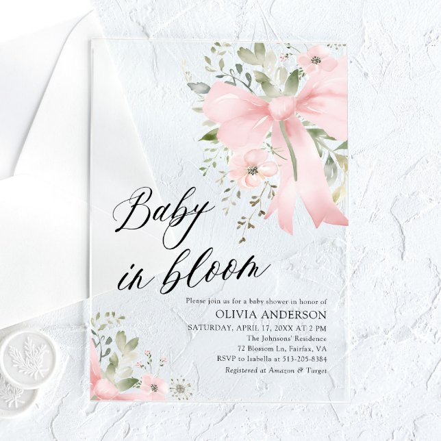 Invitaciones Acrílicas Bebé rosado en Baby Shower, Chica floral en flor (Watercolor Pink Bow Baby in Bloom Floral Girl Baby Shower Acrylic Invitations)
