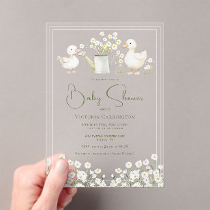 Invitaciones Acrílicas Bebé Shower de Patitos Adorables y Margaritas