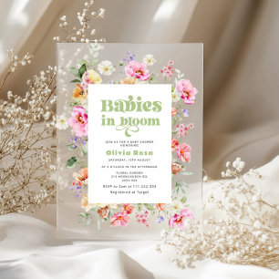 Invitaciones Acrílicas Bebés Flores Silvestres en Flor Bebé Gemelas Showe