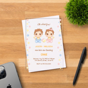 Invitaciones Acrílicas Bebés Gemelos Niño y Niña Primer Cumpleaños Transp