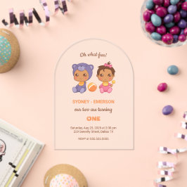 Invitaciones Acrílicas Bebés gemelos primer Chica de cumpleaños Jumpsuit 
