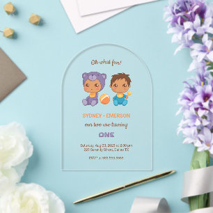 Invitaciones Acrílicas Bebés Gemelos Primer Cumpleaños Niño Oso Púrpura 2