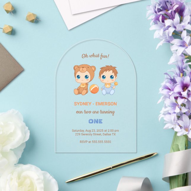 Invitaciones Acrílicas Bebés gemelos primer niño de cumpleaños transparen (Insitu (Boda))