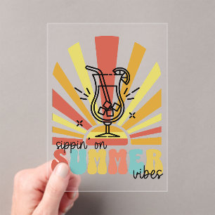 Invitaciones Acrílicas Bebiendo Vibraciones de Verano, Sol Retro, Vaso de