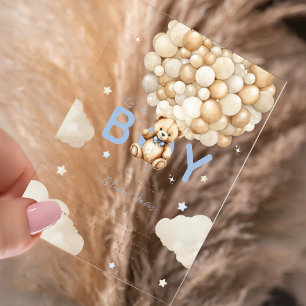 Invitaciones Acrílicas Beige Balloons Teddy Bear Boy Baby Shower moderno