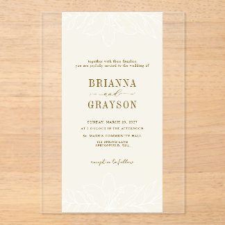 Invitaciones Acrílicas Beige Floral Elegant Minimalist Photo Back Wedding