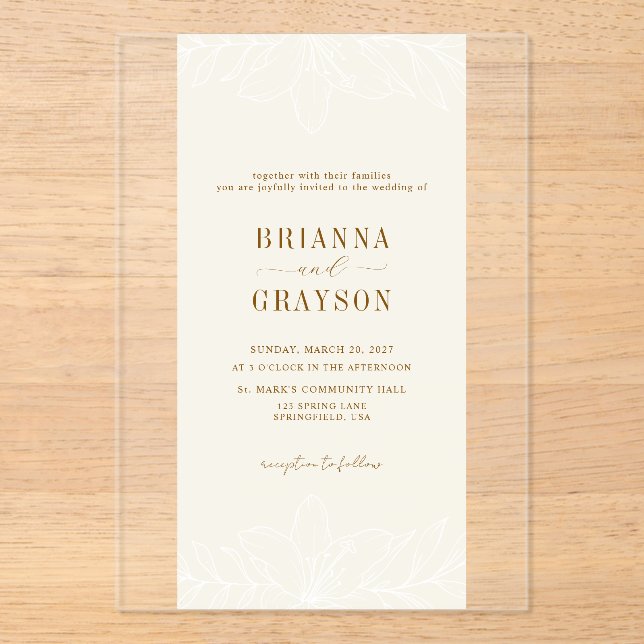Invitaciones Acrílicas Beige Floral Elegant Minimalist Photo Back Wedding (Anverso)