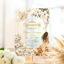 Beige Tiara Floral Dorada Mariposa Quinceañera 