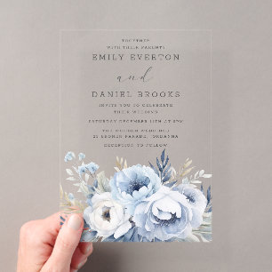 Invitaciones Acrílicas Bella Boda Floral Azul Polvoriento