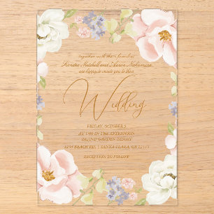 Invitaciones Acrílicas Bella Flor de Magnolia Monograma de Boda de Primav