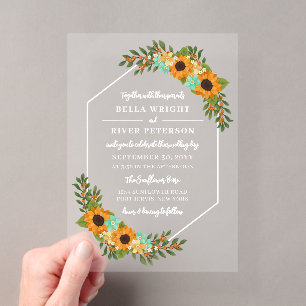 Invitaciones Acrílicas Bello marco hexagonal de girasoles Flor de boda