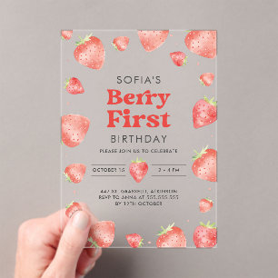 Invitaciones Acrílicas Berry First Strawberry Pattern 1er cumpleaños de v