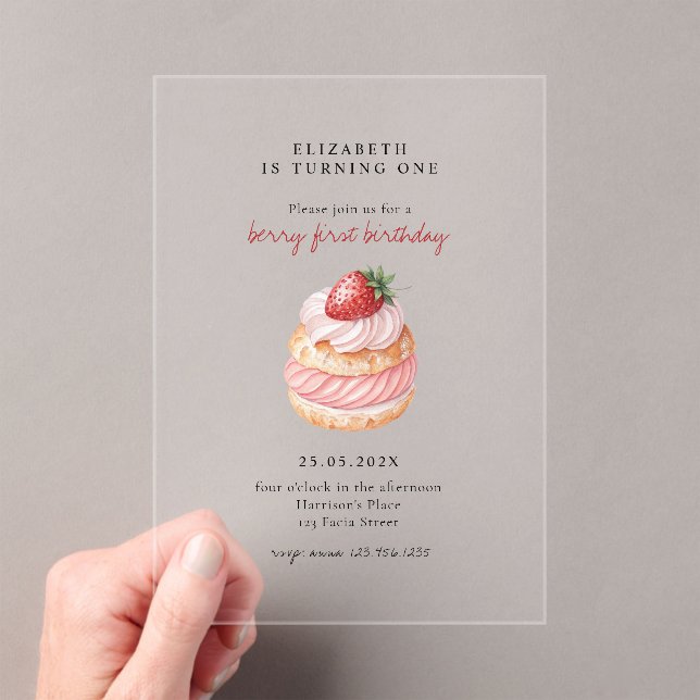 Invitaciones Acrílicas Berry lindo dulce rosa primer cumpleaños (Insitu (portátil))