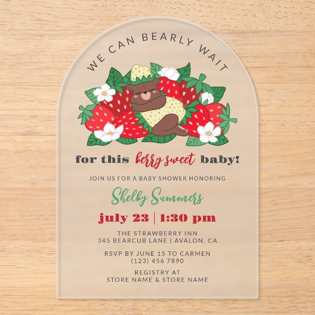 Invitaciones Acrílicas Berry Sweet Baby Neutral Strawberry Baby Shower (Anverso)