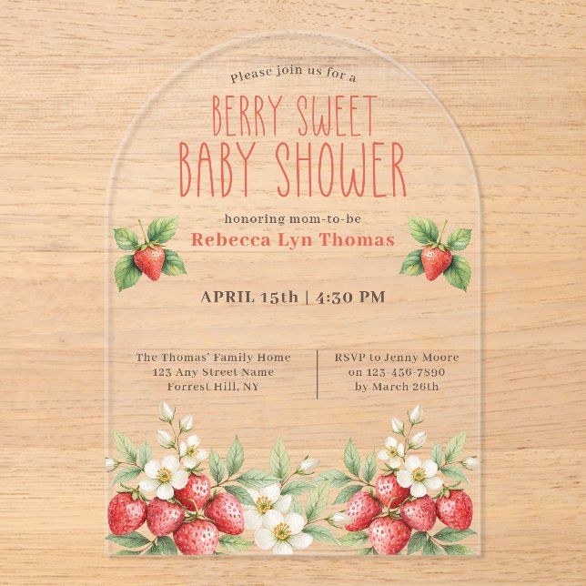 Invitaciones Acrílicas Berry Sweet Baby Shower Strawberries (Anverso)