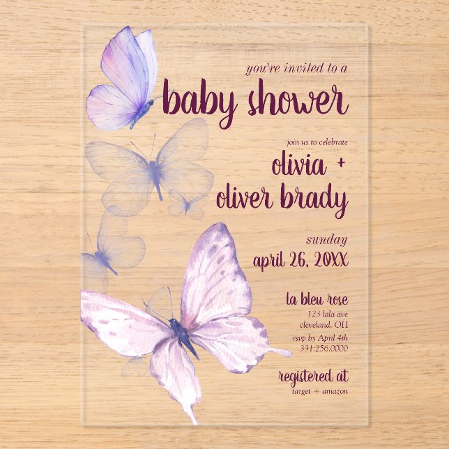 Invitaciones Acrílicas Beso de mariposa y deseos de bebé | Baby Shower Pu (Anverso)