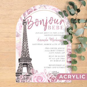 Invitaciones Acrílicas Bienvenida Bebé Flores de Oro Rosa para Baby Showe