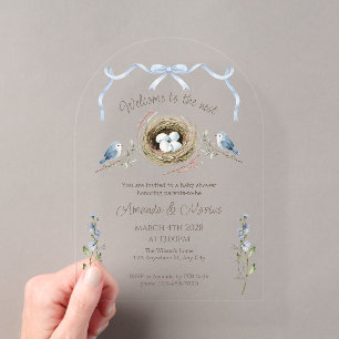Invitaciones Acrílicas Bienvenidos a la ducha de bebé Cinta Azul del Nido