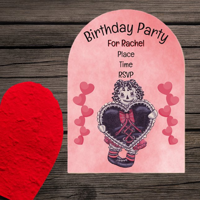Invitaciones Acrílicas Birthday Gothic Rag Doll Black Heart Lace Pink (Gothic rag doll holding black heart with red bow rows red hearts on pink Birthday invitation.)