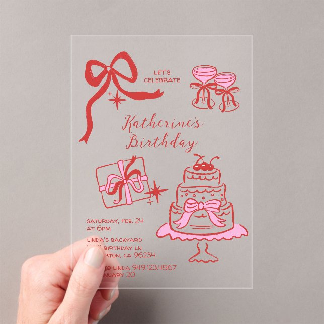 Invitaciones Acrílicas Birthday Party Hand Drawn Red Pink Scribble  (Insitu (portátil))