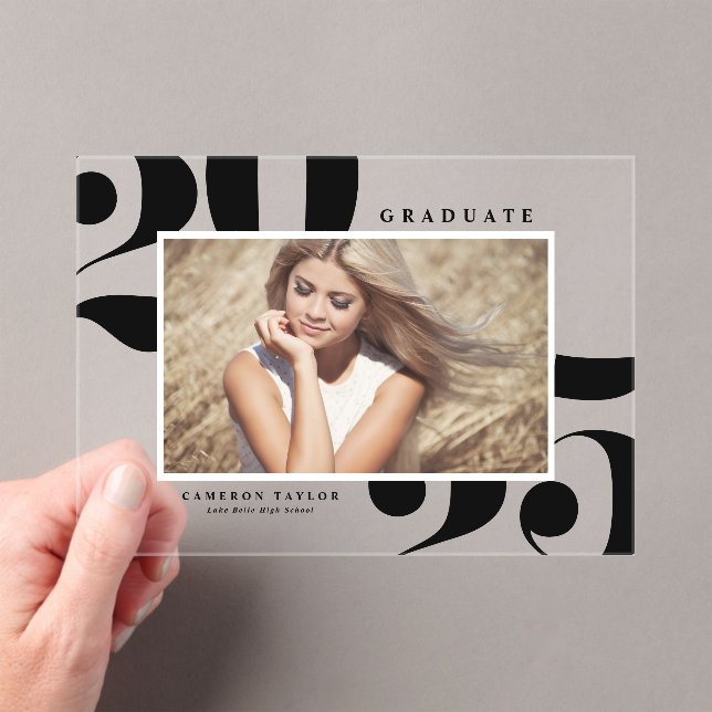 Invitaciones Acrílicas Black 2025 negrita tipografía foto graduación (Insitu (portátil))