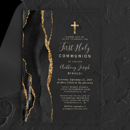 Invitaciones Acrílicas Black Agate Gold Text First Holy Communia