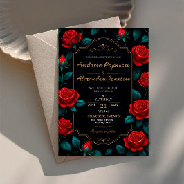 Invitaciones Acrílicas Black and Gold Rose Luxury Gothic Elegant Red Rose