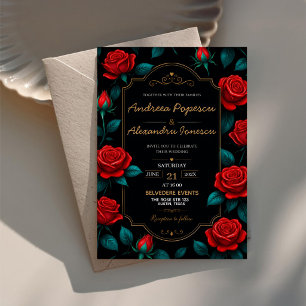 Invitaciones Acrílicas Black and Gold Rose Luxury Gothic Elegant Red Rose