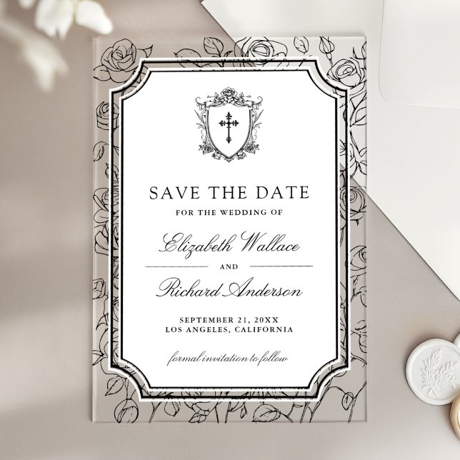 Invitaciones Acrílicas Black and White Catholic Wedding Save the Date (Subido por el creador)