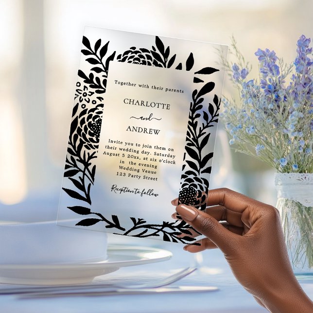 Invitaciones Acrílicas Black botanical modern clear luxury wedding (Subido por el creador)