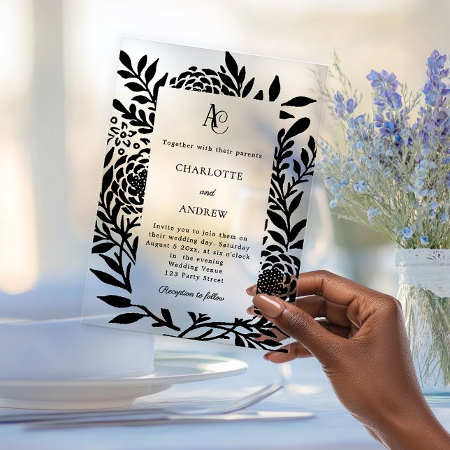 Invitaciones Acrílicas Black botanical modern monogram luxury wedding (Subido por el creador)