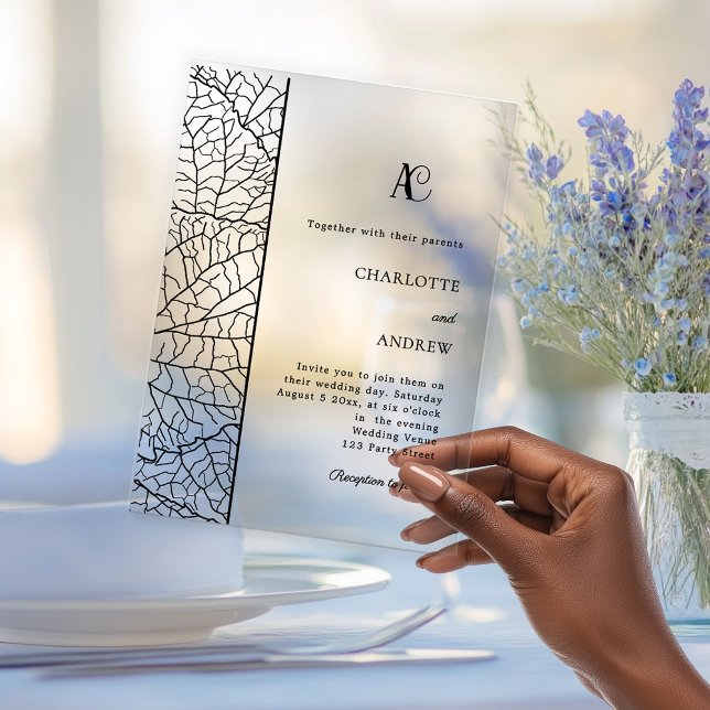 Invitaciones Acrílicas Black botanical monogram clear luxxury wedding (Subido por el creador)
