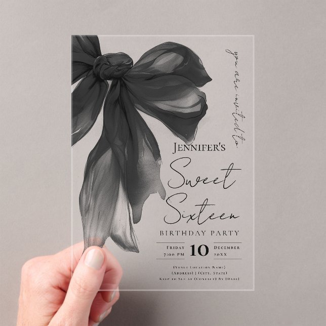 Invitaciones Acrílicas Black Bow Coquette Script Sweet 16 Party (Insitu (portátil))