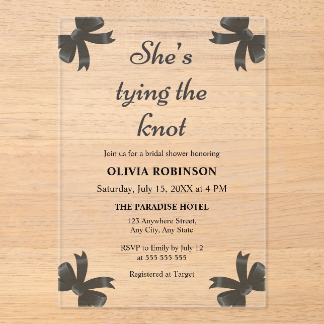 Invitaciones Acrílicas Black Bow está atando la ducha nupcial (Anverso)