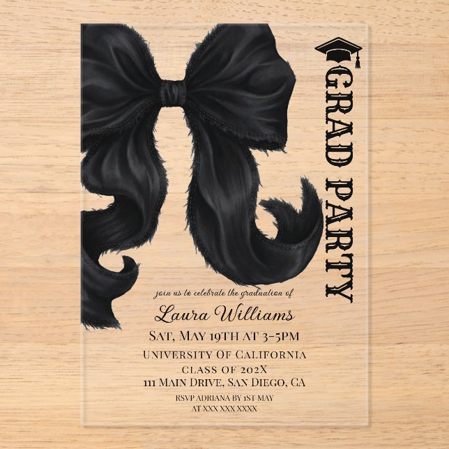 Invitaciones Acrílicas Black Bow Graduation (Anverso)