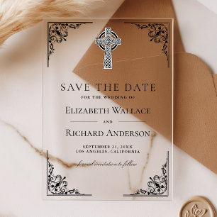 Invitaciones Acrílicas Black Celtic Cross Boda Guardar la Fecha