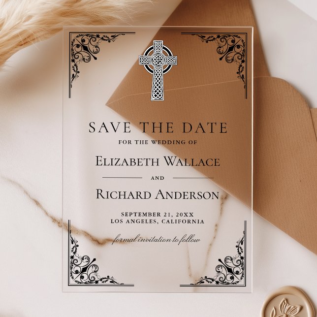 Invitaciones Acrílicas Black Celtic Cross Boda Guardar la Fecha (Subido por el creador)