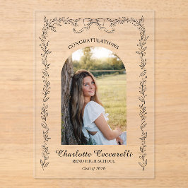 Invitaciones Acrílicas Black Floral Elegant Frame Photo Graduation 