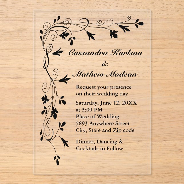 Invitaciones Acrílicas Black Floral Vine Wedding Elegant Botanical (Anverso)