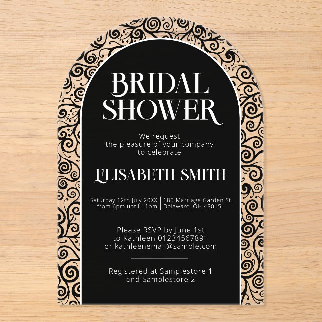 Invitaciones Acrílicas Black Flourish Oscuro Bruja gótica ducha de novia (Anverso)