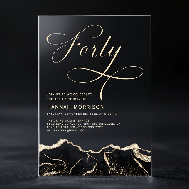 Invitaciones Acrílicas Black Gold Agate 40.ª fiesta de cumpleaños (Subido por el creador)